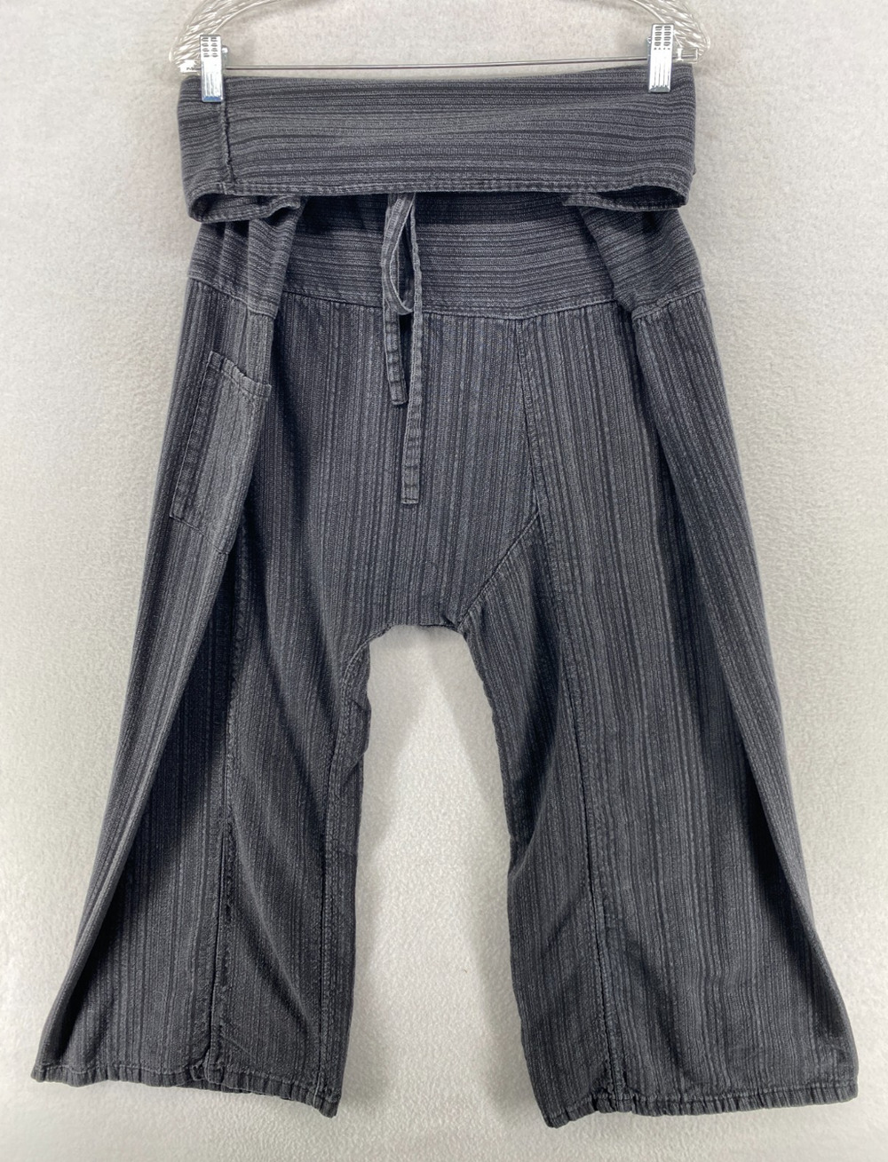 THAI FISHERMAN Pants OS Striped Cropped Wide Drop Crotch Foldover Waistband Gray